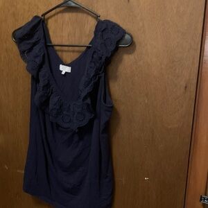 crown & ivy Navy eyelet lace Ruffle V-Neck Tank Top